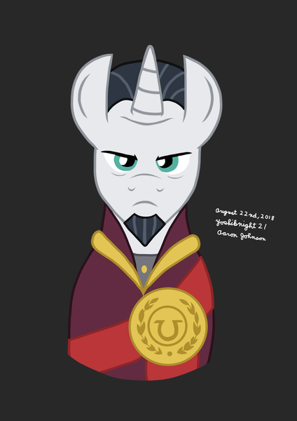 Size: 1240x1753 | Tagged: safe, artist:yoshiknight2, derpibooru import, chancellor neighsay, pony, unicorn, bust, frown, gray background, image, looking at you, male, png, simple background, solo, stallion