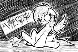 Size: 1036x690 | Tagged: safe, artist:xxv4mp_g4z3rxx, derpibooru import, derpy hooves, pegasus, pony, black and white, female, food, grayscale, image, mare, monochrome, muffin, no iris, no pupils, png, signature, sketch, solo, spread wings, wings