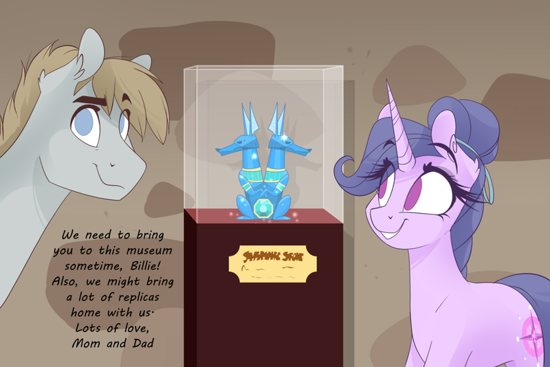 Size: 1280x854 | Tagged: safe, artist:lolepopenon, derpibooru import, oc, oc:abigail, oc:jace jet, earth pony, pony, unicorn, ask billie the kid, display case, female, image, male, mare, png, sapphire statue, stallion