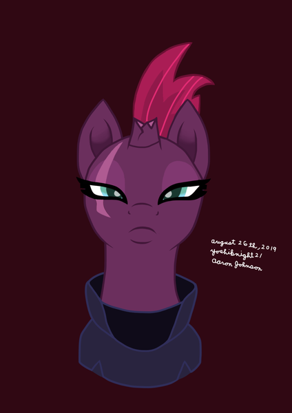 Size: 1240x1753 | Tagged: safe, artist:yoshiknight2, derpibooru import, tempest shadow, pony, unicorn, broken horn, bust, female, frown, horn, image, looking at you, mare, png, red background, simple background, solo