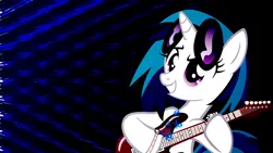 Size: 2560x1440 | Tagged: safe, artist:game-beatx14, artist:supermatt314, derpibooru import, edit, vinyl scratch, pony, unicorn, abstract background, female, guitar, image, mare, musical instrument, playing instrument, png, solo, sunglasses, sunglasses on head, wallpaper, wallpaper edit