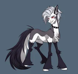 Size: 1959x1881 | Tagged: safe, artist:1an1, derpibooru import, ponified, demon, demon pony, hellhound, original species, pony, chest fluff, coat markings, collar, crossover, ear fluff, eyebrows, fangs, fetlock tuft, helluva boss, hooves, image, long tail, looking at you, loona (helluva boss), male, mohawk, nostrils, png, red sclera, rule 63, smiling, smiling at you, socks (coat marking), solo, spiked collar, tail, white eyes