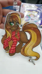 Size: 1152x2048 | Tagged: safe, artist:inkkeystudios, derpibooru import, princess celestia, princess luna, oc, unofficial characters only, earth pony, pony, 2018, badge, ear piercing, earring, eye clipping through hair, flannel shirt, image, jewelry, jpeg, lidded eyes, looking at you, old art, photo, piercing, solo, traditional art