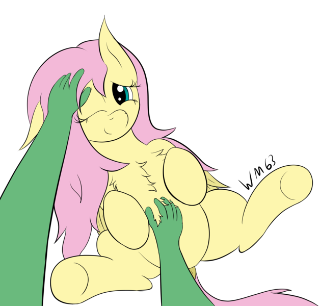 Size: 1741x1664 | Tagged: artist needed, safe, derpibooru import, fluttershy, oc, oc:anon, pegasus, pony, duo, female, hand, hand on belly, hand on face, image, offscreen character, offscreen human, one eye closed, petting, png, simple background, transparent background