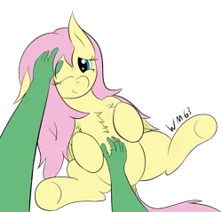 Size: 1741x1664 | Tagged: artist needed, safe, derpibooru import, fluttershy, oc, oc:anon, pegasus, pony, duo, female, hand, hand on belly, hand on face, image, offscreen character, offscreen human, one eye closed, petting, png, simple background, transparent background