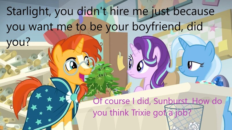 Size: 1280x720 | Tagged: safe, derpibooru import, screencap, starlight glimmer, sunburst, trixie, pony, unicorn, bisexual, caption, female, image, image macro, jpeg, lesbian, male, polyamory, shipping, startrixburst, straight, text