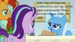 Size: 1280x720 | Tagged: suggestive, derpibooru import, edit, edited screencap, screencap, starlight glimmer, sunburst, trixie, pony, unicorn, bisexual, caption, female, image, image macro, implied oral, lesbian, male, png, polyamory, shipping, startrixburst, straight, text