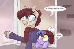 Size: 1280x854 | Tagged: safe, artist:lolepopenon, derpibooru import, oc, oc:billie, oc:pepper, unofficial characters only, earth pony, pegasus, pony, ask billie the kid, ask, clothes, comic, hoodie, image, png, scarf, window