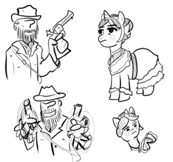 Size: 1280x1198 | Tagged: safe, artist:zan logemlor, derpibooru import, oc, oc:anon, oc:fine wine, unofficial characters only, human, pony, unicorn, beard, clothes, dress, facial hair, female, grayscale, grin, gun, handgun, hat, horn, human male, image, male, mare, monochrome, png, revolver, saloon dress, scar, simple background, smiling, unicorn oc, weapon, white background