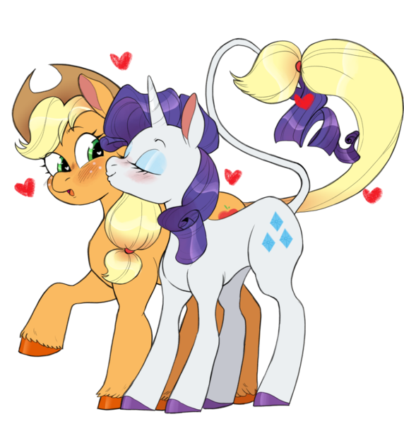 Size: 1954x2048 | Tagged: safe, alternate version, artist:janeandjuice, derpibooru import, applejack, rarity, earth pony, unicorn, applejack's hat, blushing, cowboy hat, cute, eyes closed, female, hat, heart, image, jackabetes, kiss on the cheek, kissing, leonine tail, lesbian, png, raribetes, rarijack, shipping, simple background, tail, transparent background