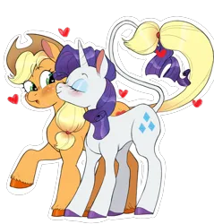 Size: 1954x2048 | Tagged: safe, alternate version, artist:janeandjuice, derpibooru import, applejack, rarity, earth pony, unicorn, applejack's hat, blushing, cowboy hat, cute, eyes closed, female, hat, heart, image, jackabetes, kiss on the cheek, kissing, leonine tail, lesbian, png, raribetes, rarijack, shipping, simple background, tail, transparent background