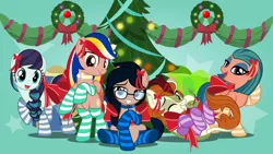 Size: 1024x577 | Tagged: safe, artist:jhayarr23, derpibooru import, autumn blaze, coloratura, somnambula, oc, ponified, pony, alternate hairstyle, christmas, christmas lights, christmas tree, christmas wreath, clothes, cute, dorky, female, females only, filipino, glasses, holiday, image, jpeg, looking at you, nation ponies, present, ribbon, socks, tree, wreath