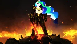 Size: 3584x2048 | Tagged: safe, derpibooru import, editor:r-tex1241, machine learning assisted, machine learning generated, novelai, stable diffusion, princess celestia, alicorn, anthro, armor, armored pony, crown, dawn, derpibooru exclusive, doom, doom guy, ethereal mane, fantasy class, female, fire, gem, image, jewelry, png, regalia, solo, solo female, sword, war, warrior, warrior celestia, weapon