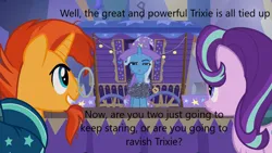 Size: 1280x720 | Tagged: suggestive, derpibooru import, screencap, starlight glimmer, sunburst, trixie, alicorn, pony, bisexual, bondage, caption, female, image, image macro, implied sex, lesbian, male, png, polyamory, shipping, startrixburst, straight, text