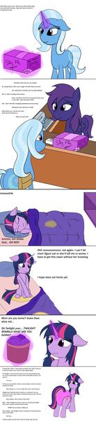 Size: 1717x7459 | Tagged: questionable, artist:diaperednight, derpibooru import, trixie, twilight sparkle, unicorn, age regression, bed wetting, bedwetting, comic, diaper, diaper package, image, jpeg, pissing, unknow oc, urine, wetting, younger