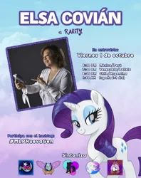 Size: 950x1200 | Tagged: safe, derpibooru import, rarity, human, pony, unicorn, actress, adalyth, adalyth doblaje, bronies bogotá, bronies radio, dubbing, elsa covián, image, interview, irl, irl human, jpeg, latin american, mylittleponycomics2, photo, ponylatino, poster, spanish, spanish text