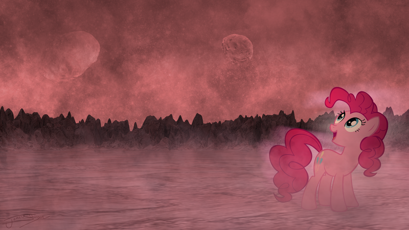 Size: 1920x1080 | Tagged: safe, artist:alecza1234, artist:jamey4, derpibooru import, edit, pinkie pie, earth pony, pony, complex background, female, image, looking up, mare, open mouth, open smile, png, scenery, smiling, solo, wallpaper, wallpaper edit