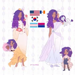 Size: 2048x2048 | Tagged: safe, artist:cryweas, derpibooru import, rarity, sweetie belle, classical unicorn, human, pony, unicorn, alternate hairstyle, american flag, asian, bisexual pride flag, blasian, bracelet, choker, clothes, cloven hooves, dark skin, dress, evening gloves, eyeshadow, female, flag, flower, flower in hair, gloves, hat, high heels, humanized, image, jewelry, jpeg, korean, leonine tail, lipstick, long gloves, makeup, mare, moon runes, phone, pride, pride flag, reference sheet, ring, shirt, shoes, skirt, socks, south korea, stockings, thigh highs, trans female, transgender, transgender pride flag, unshorn fetlocks