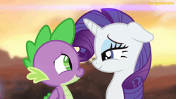 Size: 600x338 | Tagged: safe, artist:georgegarza01, derpibooru import, rarity, spike, dragon, pony, unicorn, animated, boop, cute, daaaaaaaaaaaw, duo, eyes closed, female, floppy ears, gif, image, looking at each other, looking at someone, loving gaze, male, noseboop, nuzzling, raribetes, shipping, smiling, sparity, spikabetes, straight, sunset, winged spike, wings, youtube link