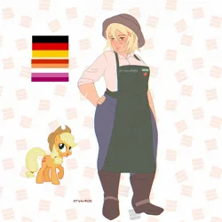 Size: 2048x2048 | Tagged: safe, artist:cryweas, derpibooru import, applejack, earth pony, human, pony, alternate hairstyle, applebucking thighs, applejack's hat, apron, boots, breasts, busty applejack, chubby, clothes, cowboy boots, cowboy hat, denim, freckles, german, germany, hat, humanized, image, jeans, jpeg, lesbian pride flag, open mouth, overalls, pants, pride, pride flag, raised hoof, reference sheet, scar, shoes, solo, thighs, thunder thighs