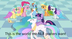 Size: 1280x695 | Tagged: safe, derpibooru import, screencap, applejack, fluttershy, pinkie pie, princess celestia, rainbow dash, rarity, twilight sparkle, alicorn, earth pony, pegasus, pony, unicorn, derpibooru, a canterlot wedding, caption, image, image macro, jpeg, meta, new lunar republic, text, unicorn twilight