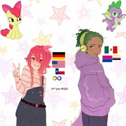 Size: 2048x2048 | Tagged: safe, artist:cryweas, derpibooru import, apple bloom, spike, dragon, earth pony, human, pony, alternate hairstyle, american flag, apple bloom's bow, belt, bisexual pride flag, bow, bracelet, braces, clothes, dark skin, denim, dreadlocks, duo, eyebrow piercing, female, filly, flag, foal, freckles, german, germany, hair bow, headphones, hoodie, humanized, image, jeans, jewelry, jpeg, mexican, mexican flag, necklace, nonbinary, nonbinary pride flag, nose piercing, nose ring, older, overalls, pants, peace sign, piercing, pride, pride flag, ring, shirt, sitting, teenager, texas, winged spike, wings