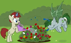 Size: 2500x1535 | Tagged: artist needed, safe, derpibooru import, oc, unofficial characters only, bat pony, bat pony unicorn, hybrid, unicorn, bat pony oc, bat wings, blue rose, bush, cute, daaaaaaaaaaaw, duo, flapping wings, flower, flying, horn, image, png, rose, smiling, unicorn oc, wings