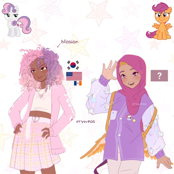 Size: 2048x2048 | Tagged: safe, artist:cryweas, derpibooru import, rainbow dash, scootaloo, sweetie belle, human, pegasus, pony, unicorn, alternate hairstyle, american flag, bag, belt, cardigan, clothes, dark skin, denim, duo, female, filly, flag, foal, hijab, humanized, image, islam, jeans, jersey, jewelry, jpeg, korean, midriff, moon runes, nail polish, necklace, older, pants, ring, shirt, skirt, south korea, teenager, waving