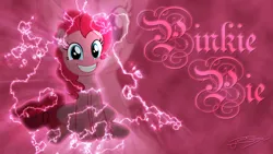 Size: 1920x1080 | Tagged: safe, artist:jamey4, derpibooru import, pinkie pie, earth pony, pony, big smile, electricity, female, image, looking at you, mare, png, signature, smiling, smiling at you, solo, text, wallpaper