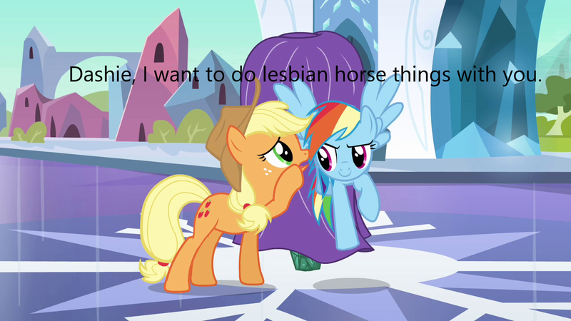 Size: 1280x720 | Tagged: safe, derpibooru import, screencap, applejack, rainbow dash, earth pony, pegasus, pony, caption, female, image, image macro, lesbian, png, text