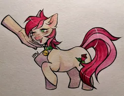 Size: 2804x2180 | Tagged: safe, artist:13pw, derpibooru import, roseluck, human, pony, behaving like a cat, collar, commission, commissioner:doom9454, cute, fangs, hand, image, pet tag, petting, png, pony pet, rosepet, traditional art