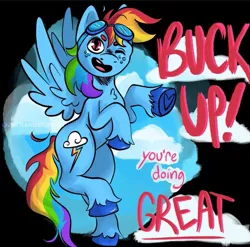 Size: 695x688 | Tagged: safe, artist:2strangecrows, derpibooru import, rainbow dash, pegasus, dimples, goggles, image, jpeg, motivational, rainbow, solo