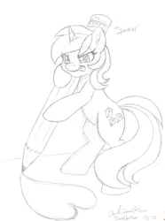 Size: 3532x4748 | Tagged: safe, artist:inkkeystudios, derpibooru import, amethyst star, oc, oc:tinisparkler, pony, unicorn, bipedal, concentrating, heart, image, micro, pencil, pencil drawing, photo, png, tongue out, traditional art