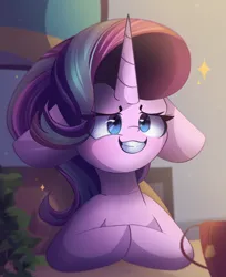 Size: 2200x2700 | Tagged: safe, artist:miryelis, derpibooru import, phyllis, starlight glimmer, pony, unicorn, big ears, cup, facial expressions, floppy ears, gradient mane, hooves, horn, image, plant, png, scene interpretation, smiling, solo, sparkles, starlight's office, table
