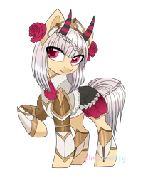 Size: 1920x2313 | Tagged: safe, artist:pinkerminty, derpibooru import, ponified, pony, clothes, genshin impact, horns, image, noelle (genshin impact), png, simple background, transparent background