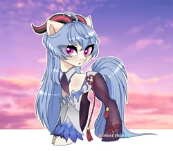 Size: 1920x1678 | Tagged: safe, artist:pinkerminty, derpibooru import, ponified, goat, pony, clothes, eye clipping through hair, eyebrows, eyebrows visible through hair, ganyu (genshin impact), genshin impact, horns, image, open mouth, png