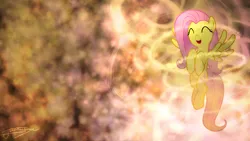 Size: 1920x1080 | Tagged: safe, artist:jamey4, derpibooru import, fluttershy, pegasus, pony, abstract background, cute, female, flying, image, mare, open mouth, open smile, png, shyabetes, signature, smiling, solo, wallpaper