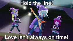Size: 1280x714 | Tagged: safe, derpibooru import, edit, edited screencap, screencap, fuchsia blush, lavender lace, trixie, caption, guitar, hold the line, image, image macro, musical instrument, png, song reference, text, toto (band), trixie and the illusions