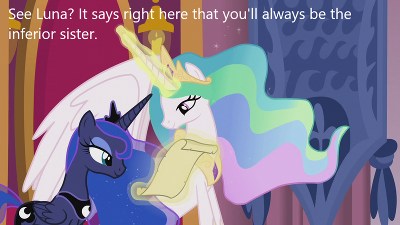 Size: 1280x720 | Tagged: safe, derpibooru import, edit, edited screencap, screencap, princess celestia, princess luna, alicorn, pony, derpibooru, caption, image, image macro, meta, png, scroll, text