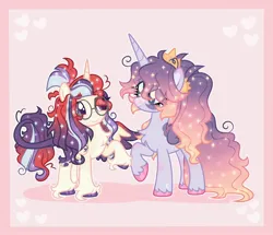 Size: 2048x1762 | Tagged: safe, artist:moonydropps, derpibooru import, oc, oc:moonie, oc:nightfall, unofficial characters only, alicorn, pony, crown, duo, duo female, female, glasses, hair, horn, image, jewelry, jpeg, mane, mare, regalia, smiling, tail, wings
