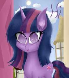 Size: 3340x3740 | Tagged: safe, artist:krymak, derpibooru import, twilight sparkle, pony, unicorn, freckles, image, png, solo, sun, unicorn twilight