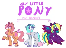 Size: 1049x762 | Tagged: safe, artist:stilbie, derpibooru import, oc, oc:dew diamond, oc:flurry thunder, oc:sparky circuit, unofficial characters only, earth pony, pegasus, unicorn, bow, chest fluff, colored ears, colored hooves, colored horn, colored wings, ear fluff, earth pony oc, female, g6, horn, image, jpeg, logo, pegasus oc, simple background, tail, tail bow, trio, trio female, unicorn oc, unshorn fetlocks, white background, wings