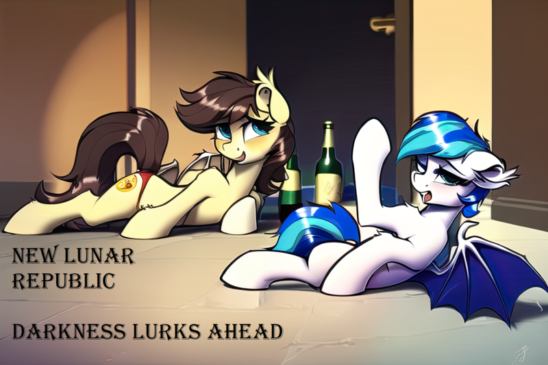 Size: 1536x1024 | Tagged: questionable, derpibooru import, bat pony, alcohol, bottle, clothes, corridor, female, image, lying down, lying on the ground, parody, png, propaganda, propaganda parody, swimsuit, wasted, wings