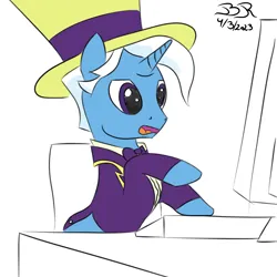 Size: 1000x1000 | Tagged: safe, derpibooru import, jack pot, pony, angry, clothes, computer, hat, image, male, png, simple background, solo, stallion, suit, typing, white background