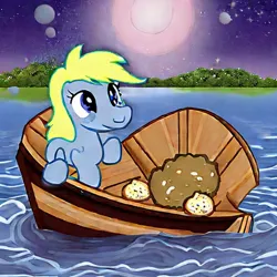 Size: 768x768 | Tagged: safe, derpibooru import, machine learning generated, stable diffusion, derpy hooves, pony, boat, cute, female, food, image, jpeg, machine learning abomination, mare, muffin, solo, water, wrong eye color
