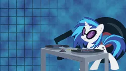 Size: 1920x1080 | Tagged: artist needed, safe, artist:gurugrendo, derpibooru import, edit, vinyl scratch, pony, unicorn, abstract background, cutie mark, female, image, mare, png, record, smiling, solo, sunglasses, turntable, wallpaper, wallpaper edit