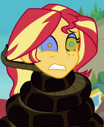 Size: 838x1024 | Tagged: safe, artist:ocean lover, derpibooru import, edit, edited screencap, screencap, sunset shimmer, snake, equestria girls, equestria girls series, forgotten friendship, animated, beach, female, gif, hypno eyes, hypnosis, hypnotized, image, kaa, outdoors, sky, solo, solo female, squeeze, squeezing, tugging, wrapped up
