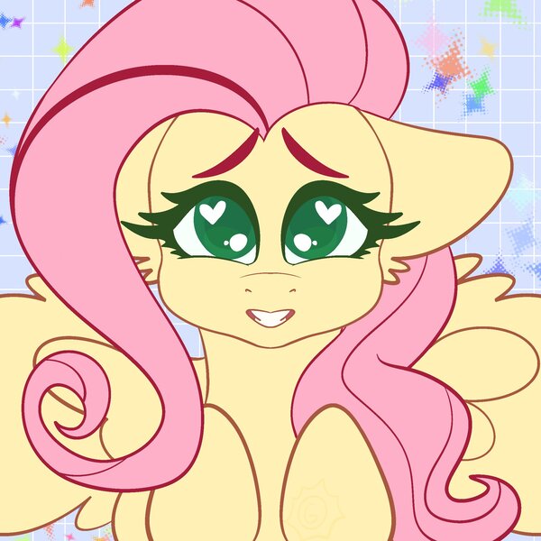 Size: 2048x2048 | Tagged: safe, artist:sunburst1ng, derpibooru import, fluttershy, pegasus, pony, female, grin, heart, heart eyes, image, jpeg, looking at you, smiling, solo, wingding eyes