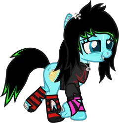 Size: 1189x1235 | Tagged: safe, artist:lightningbolt, derpibooru import, oc, oc:scene chick, unofficial characters only, earth pony, pony, undead, zombie, zombie pony, .svg available, arm warmers, bags under eyes, bloodshot eyes, bone, clothes, colored pupils, derpibooru exclusive, dyed mane, dyed tail, ear piercing, earring, fangs, female, glasgow smile, grin, image, jewelry, lidded eyes, lip piercing, mare, necklace, nose piercing, piercing, png, scar, simple background, smiling, snake bites, socks, solo, stitches, striped socks, tail, torn clothes, torn ear, transparent background, vector, walking