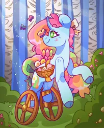 Size: 1672x2048 | Tagged: safe, artist:cocopudu, derpibooru import, oc, oc:sherbet, unofficial characters only, butterfly, insect, unicorn, amputee, basket, forest, horn, image, jpeg, tree, unicorn oc